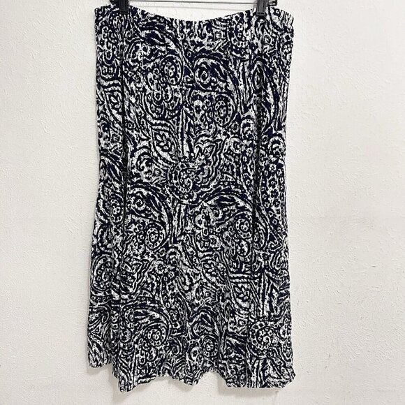 JM COLLECTIONS  Sz 1X  Blue White Paisley Elastic Waist Pleated Lined Midi Skirt - Picture 1 of 12